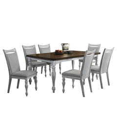 Salines 7 Piece Dining Table Set with 6 Upholstered Chairs, Rustic White and Oak