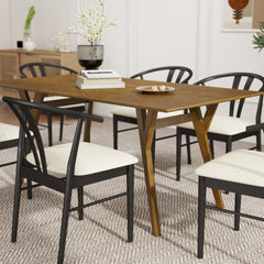 Lavin Modern 7-Piece Dining Set, Walnut Finished Dining Table with 6 Black Wishbone Chairs