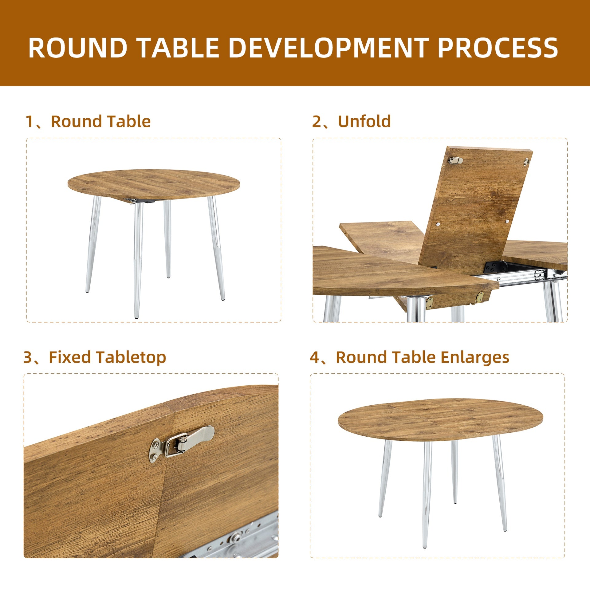 Table and chair set.With a Expandable mechanism,the Wood Grain MDF table top and silver metal legs and has a smooth surface.Paried With 4 Black PU Chairs with a vertical stripe design on the backrest.