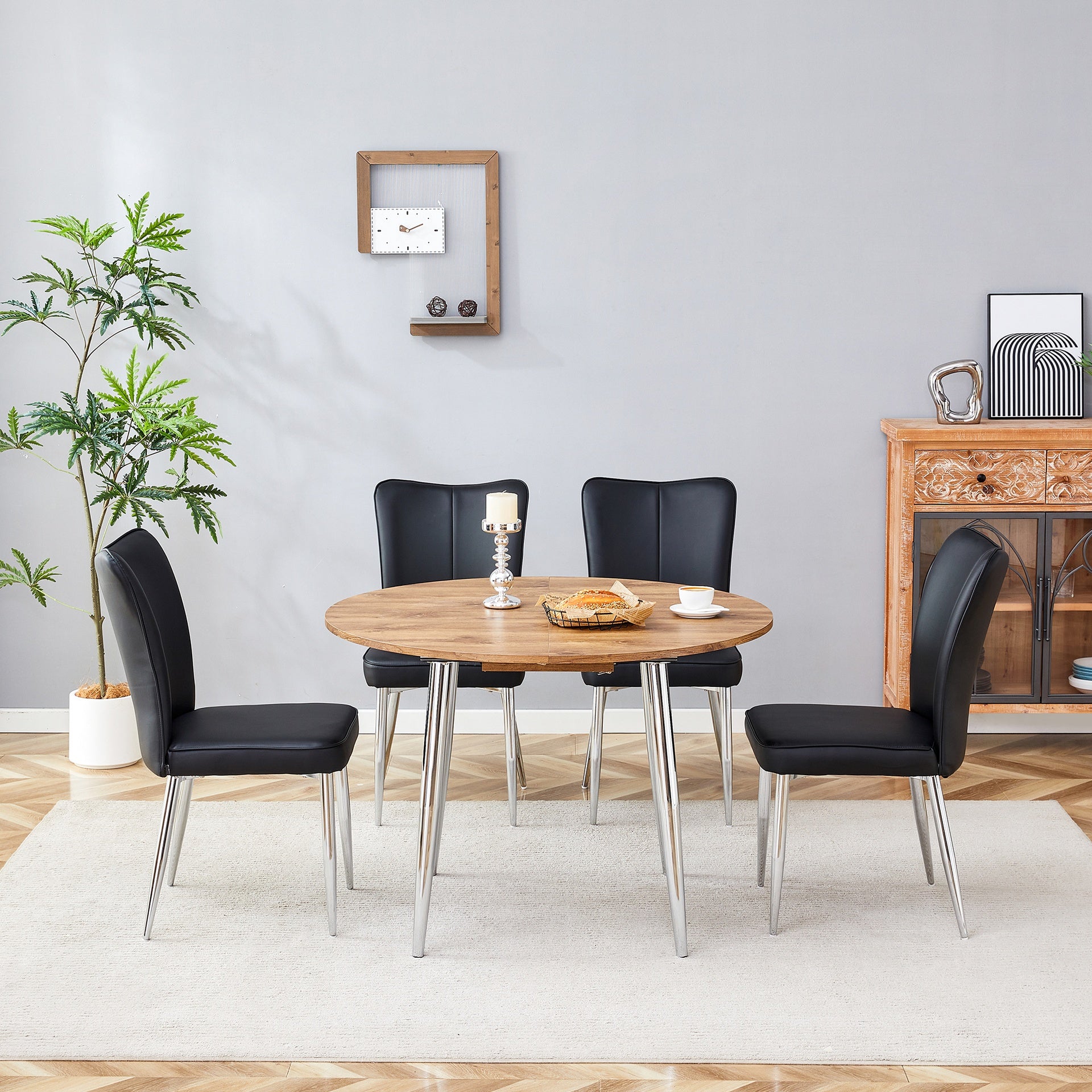 Table and chair set.With a Expandable mechanism,the Wood Grain MDF table top and silver metal legs and has a smooth surface.Paried With 4 Black PU Chairs with a vertical stripe design on the backrest.