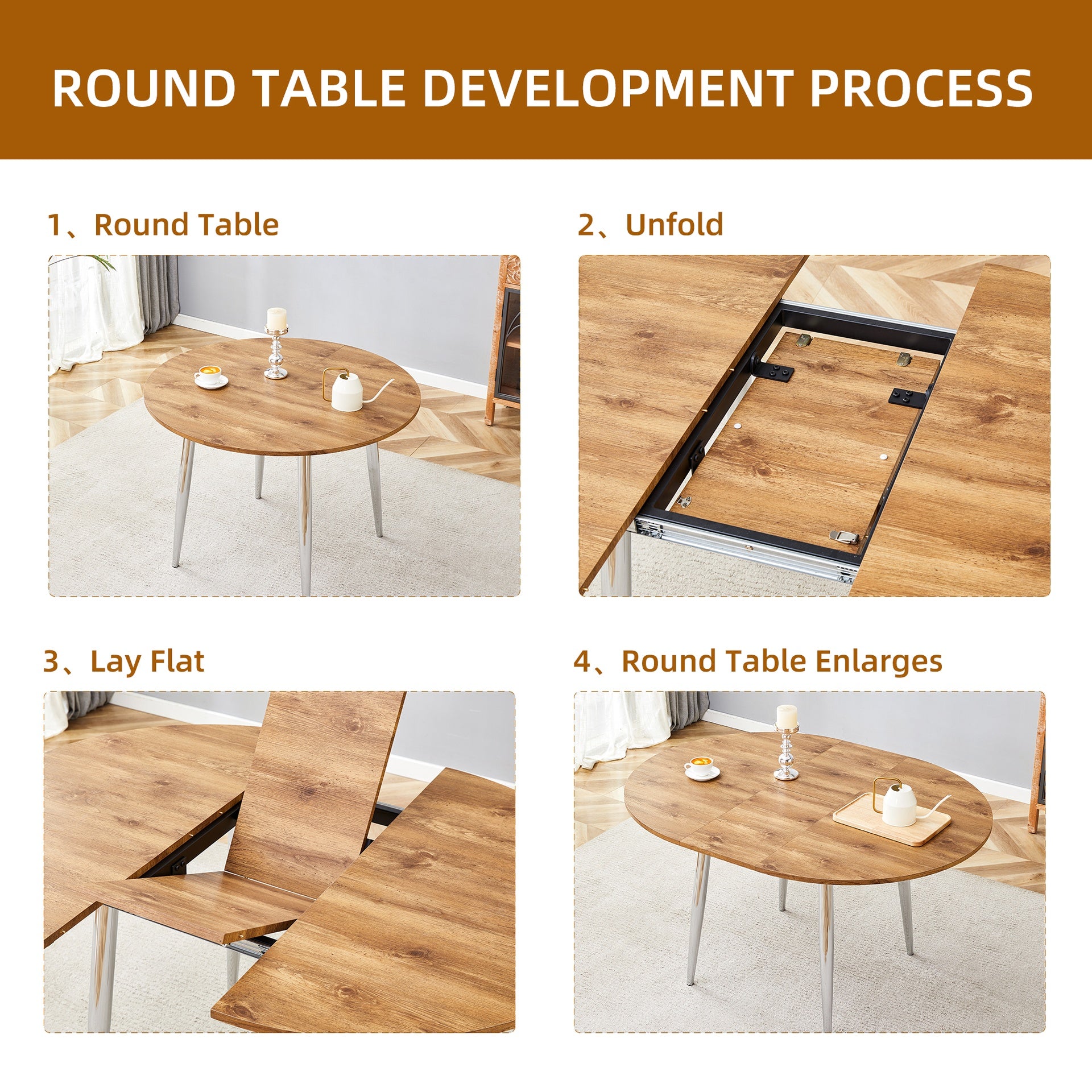 Table and chair set.With a Expandable mechanism,the Wood Grain MDF table top and silver metal legs and has a smooth surface.Paried With 4 Black PU Chairs with a vertical stripe design on the backrest.