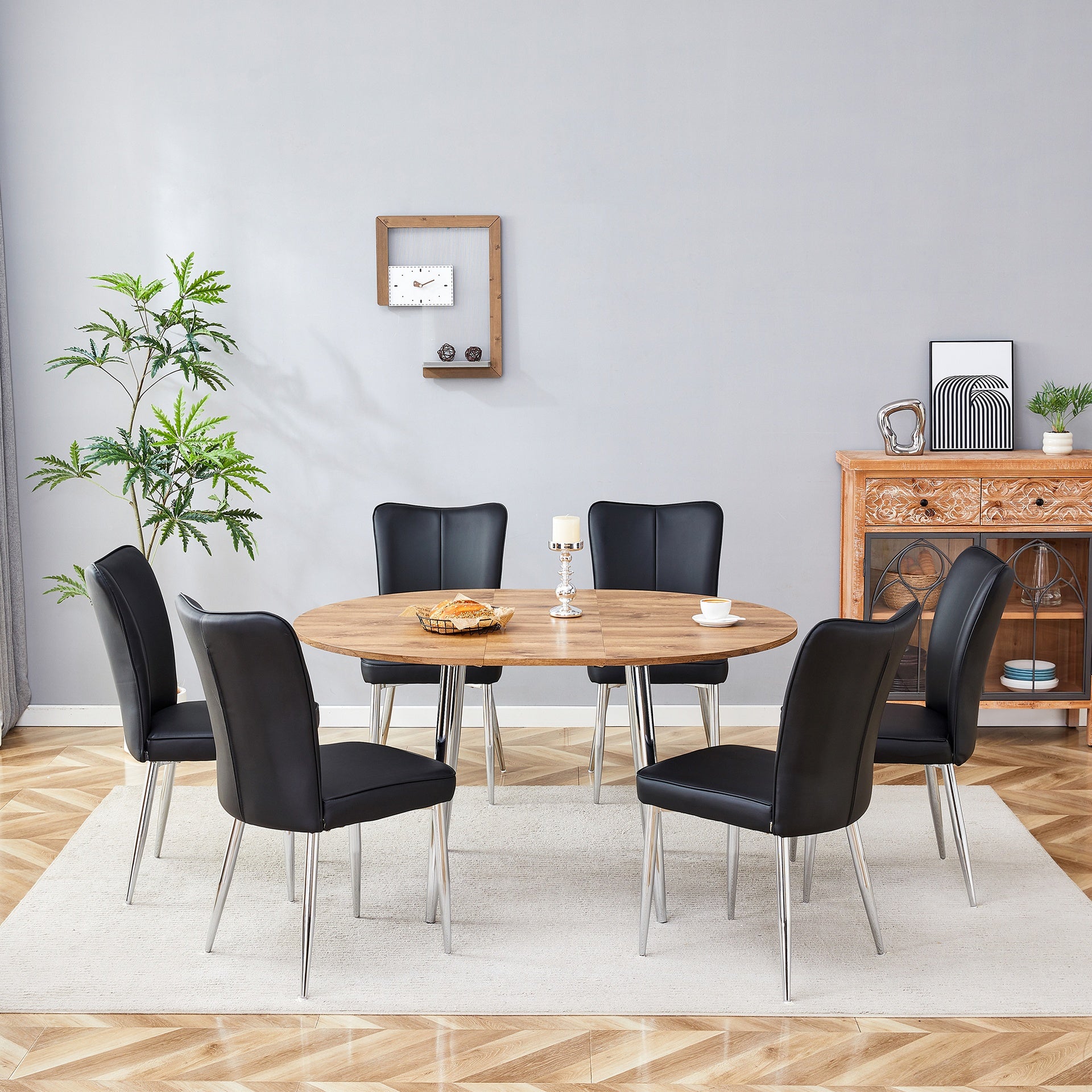Table and chair set.With a Expandable mechanism,the Wood Grain MDF table top and silver metal legs and has a smooth surface.Paried With 6 Black PU Chairs with a vertical stripe design on the backrest.