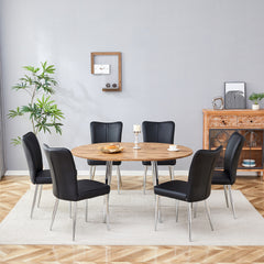 Table and chair set.With a Expandable mechanism,the Wood Grain MDF table top and silver metal legs and has a smooth surface.Paried With 6 Black PU Chairs with a vertical stripe design on the backrest.