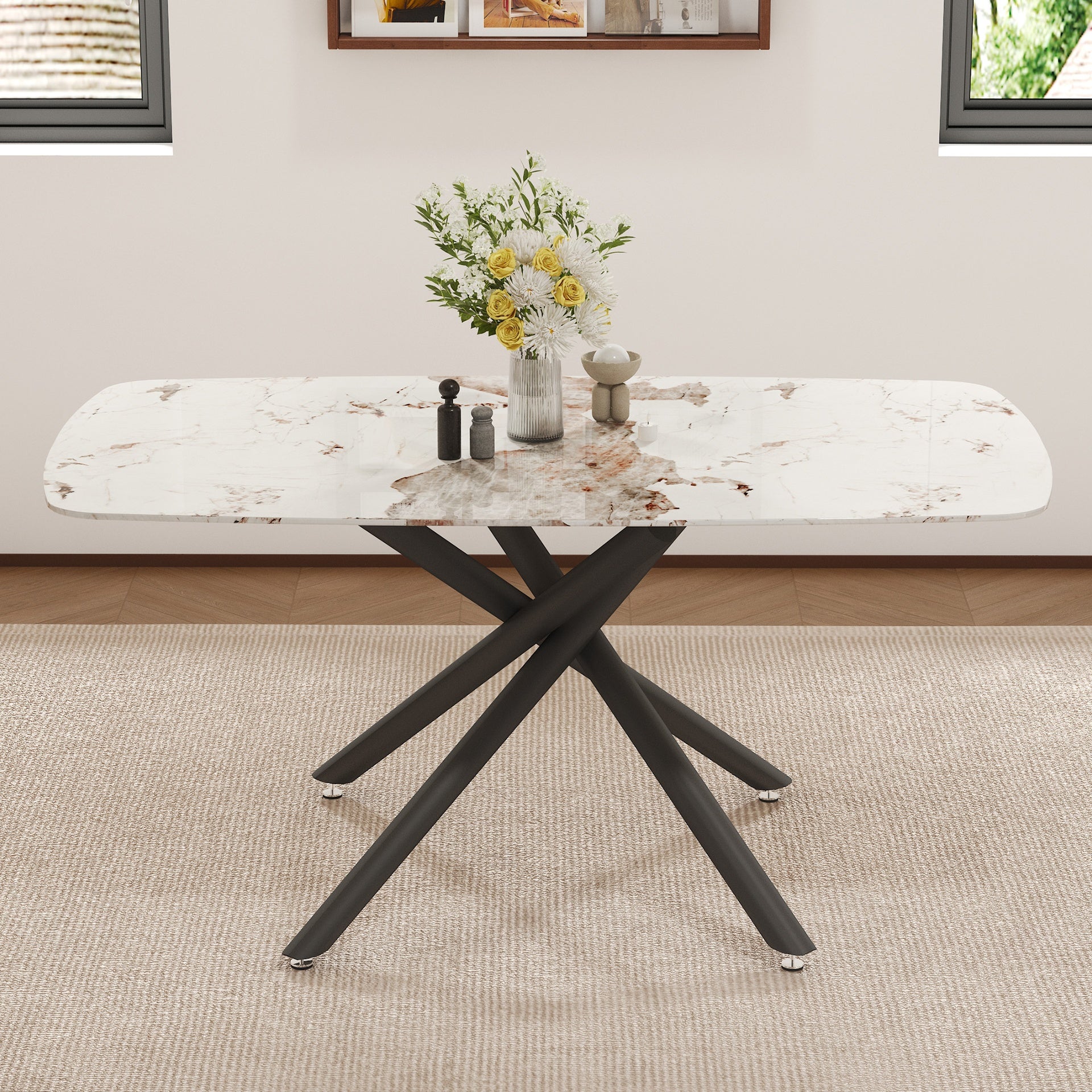 63"x35.4" Luxurious White Marble-Patterned Tempered Glass Dining Table.Single Fork Black Metal Table Legs.Tempered Glass Table Top,Black Metal Leg.Make it Adaptable To Various Styles.W1151S03299