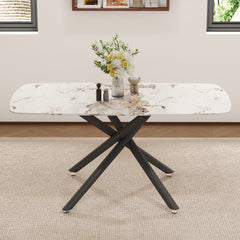 63"x35.4" Luxurious White Marble-Patterned Tempered Glass Dining Table.Single Fork Black Metal Table Legs.Tempered Glass Table Top,Black Metal Leg.Make it Adaptable To Various Styles.W1151S03299