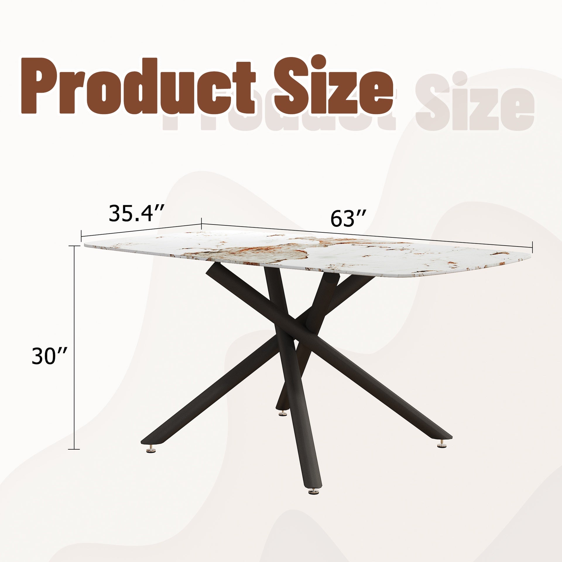 63"x35.4" Luxurious White Marble-Patterned Tempered Glass Dining Table.Single Fork Black Metal Table Legs.Tempered Glass Table Top,Black Metal Leg.Make it Adaptable To Various Styles.W1151S03299