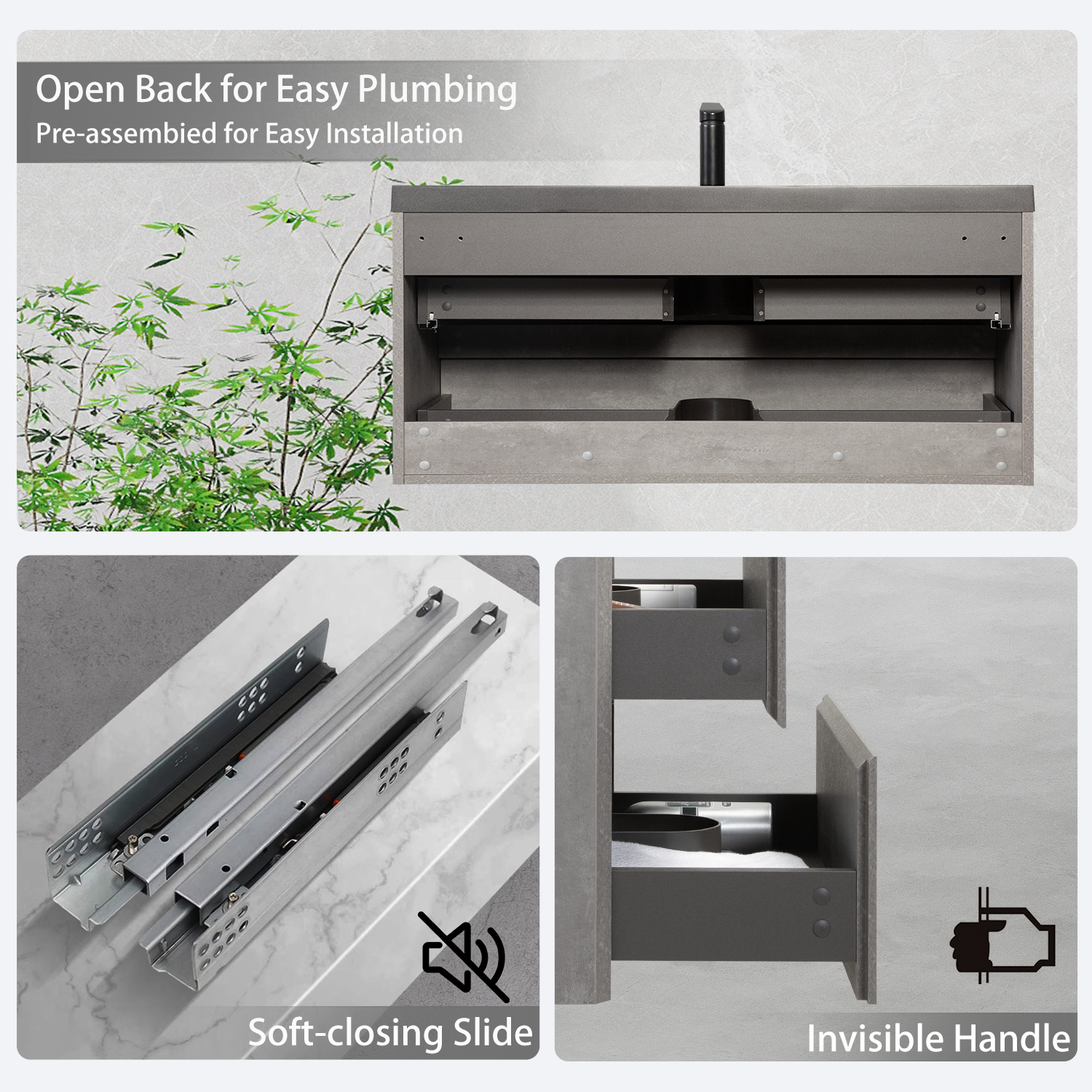 48" Floating Bathroom Vanity with Sink, Wall-Mounted Storage Cabinet with Black Quartz Sand Top Basin and Soft Close Drawers Fully Assembled, EDI-Series Cement Grey 24V12-48GR-W1920P385530