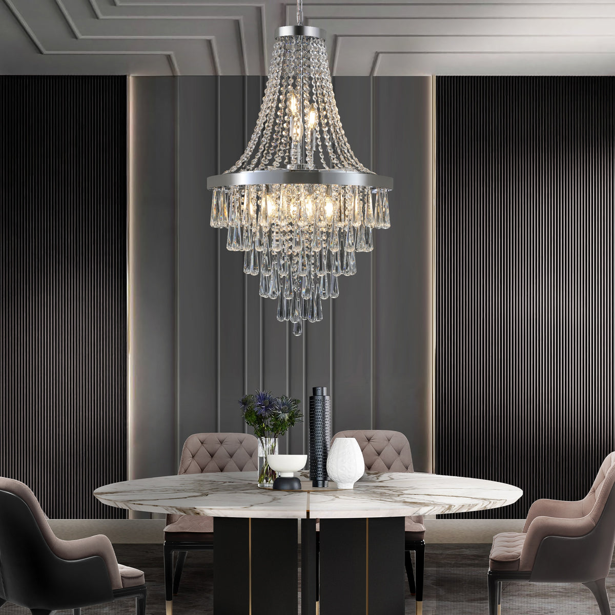 20" Chrome Crystal Chandelier with Adjustable Height, Modern Ceiling Light Fixture for Living Room, Dining Room, Staircase, 11-Light E12 Bulb Base (No Bulbs)
