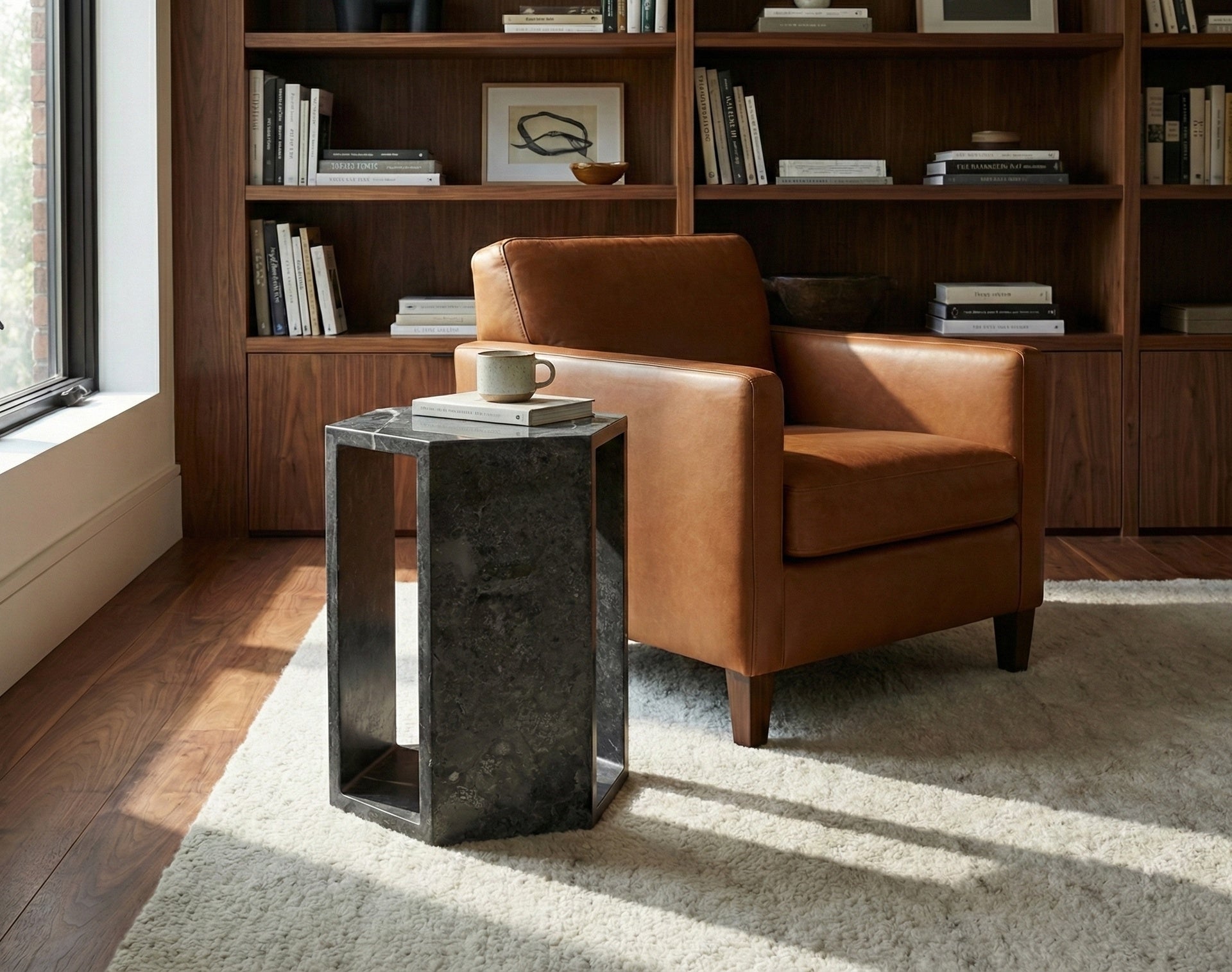 Modern Dark Grey Natural Marble Side Table, Hexagonal Geometric Pedestal Stand, 15.7" H Polished Real Stone End Table for Living Room, Bedroom Nightstand, Art Display - Architectural "Solid & Void"