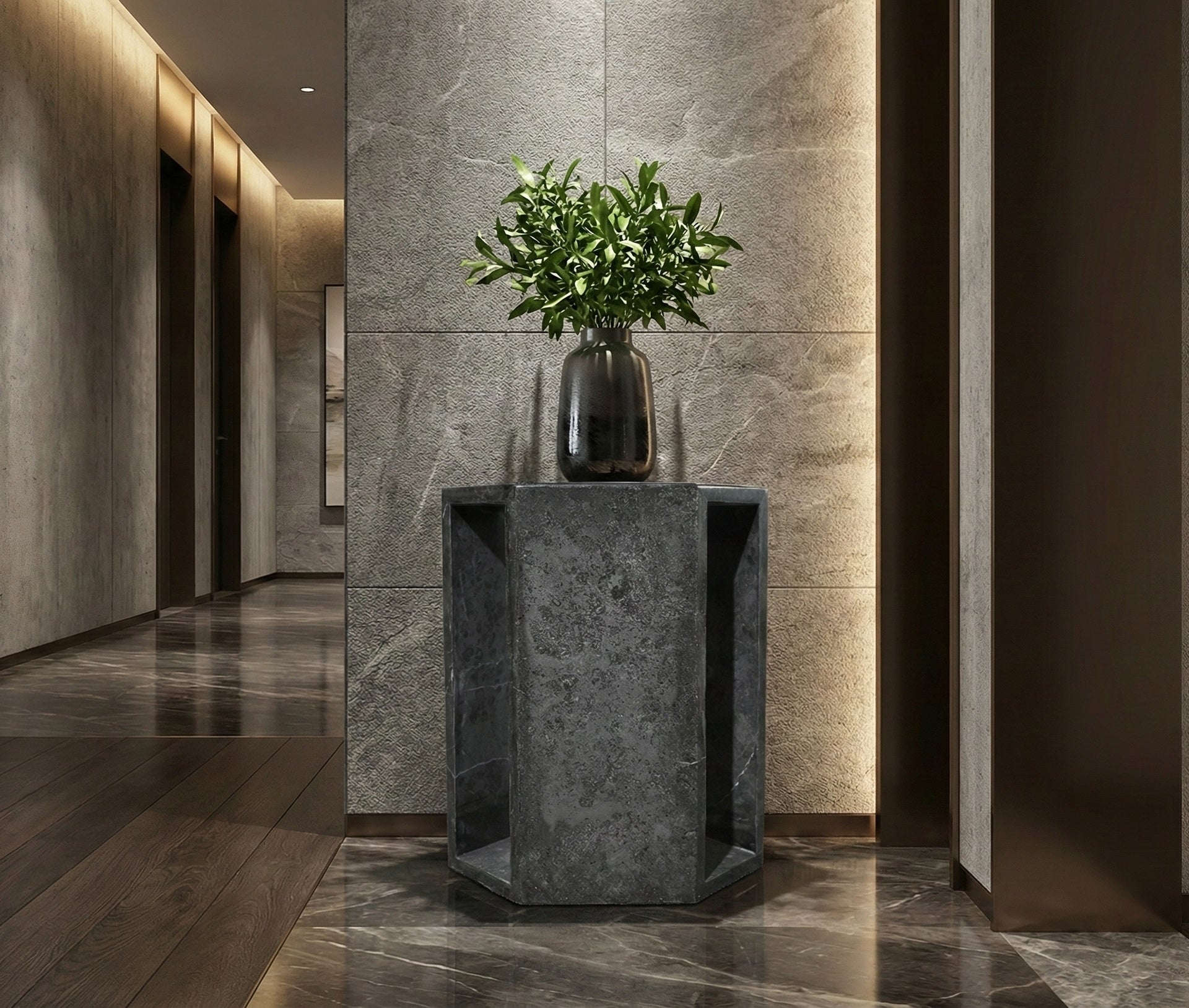 Modern Dark Grey Natural Marble Side Table, Hexagonal Geometric Pedestal Stand, 15.7" H Polished Real Stone End Table for Living Room, Bedroom Nightstand, Art Display - Architectural "Solid & Void"