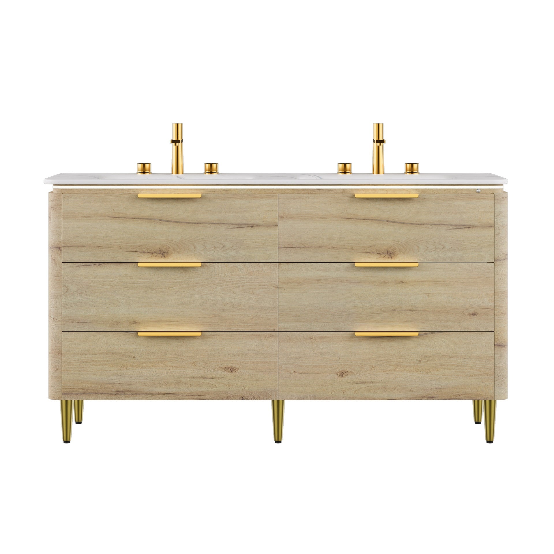 AMARA 60'' Bathroom Vanity&Sinks, Freestanding Curved Edges Plywood Bathroom Storage Cabinet with 6 Drawers, Carrara White Sintered Stone Integrated Basin, Pre-assembled, White Oak Woodgrain Color