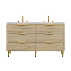 AMARA 60'' Bathroom Vanity&Sinks, Freestanding Curved Edges Plywood Bathroom Storage Cabinet with 6 Drawers, Carrara White Sintered Stone Integrated Basin, Pre-assembled, White Oak Woodgrain Color