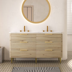AMARA 60'' Bathroom Vanity&Sinks, Freestanding Curved Edges Plywood Bathroom Storage Cabinet with 6 Drawers, Carrara White Sintered Stone Integrated Basin, Pre-assembled, White Oak Woodgrain Color