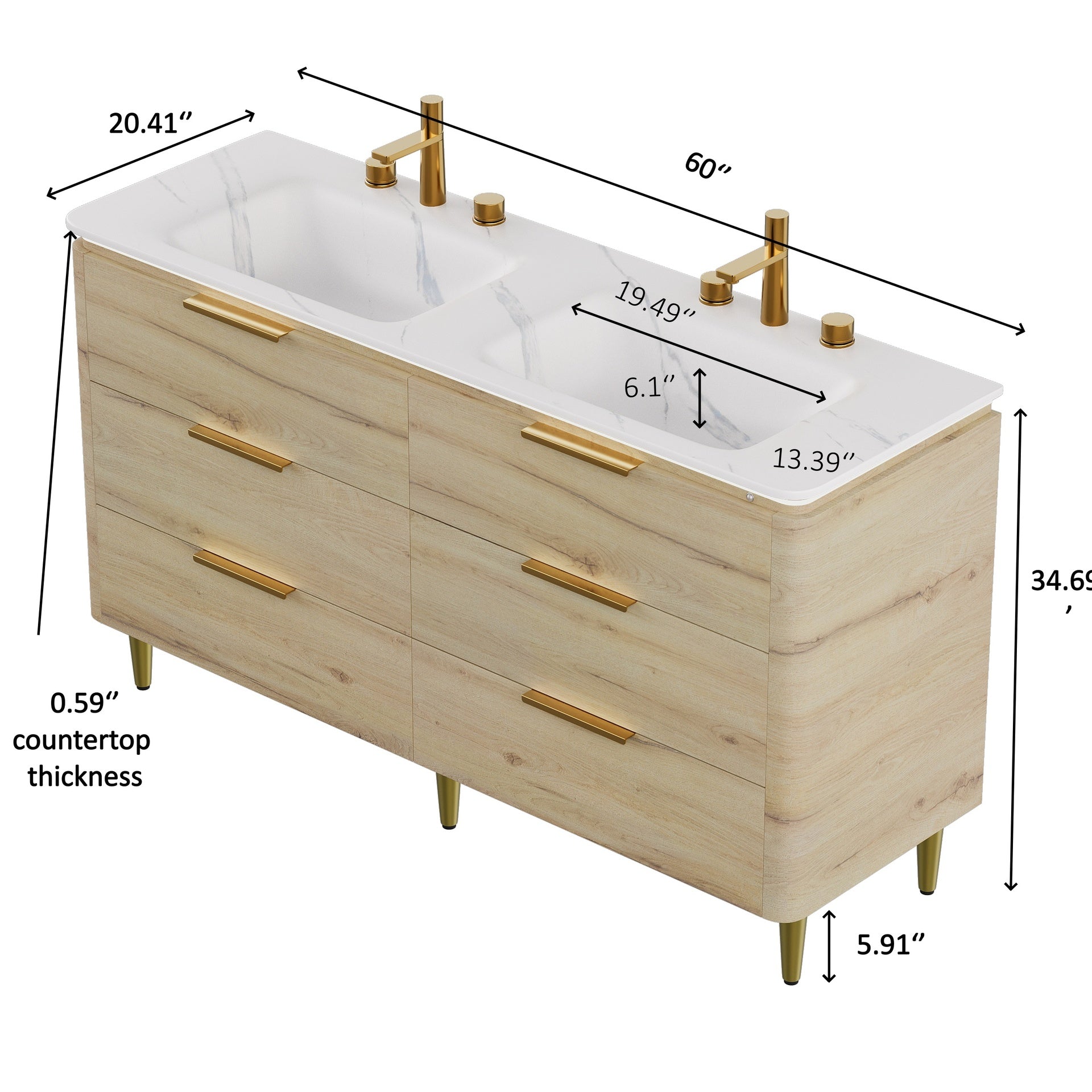 AMARA 60'' Bathroom Vanity&Sinks, Freestanding Curved Edges Plywood Bathroom Storage Cabinet with 6 Drawers, Carrara White Sintered Stone Integrated Basin, Pre-assembled, White Oak Woodgrain Color