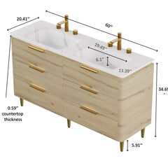 AMARA 60'' Bathroom Vanity&Sinks, Freestanding Curved Edges Plywood Bathroom Storage Cabinet with 6 Drawers, Carrara White Sintered Stone Integrated Basin, Pre-assembled, White Oak Woodgrain Color