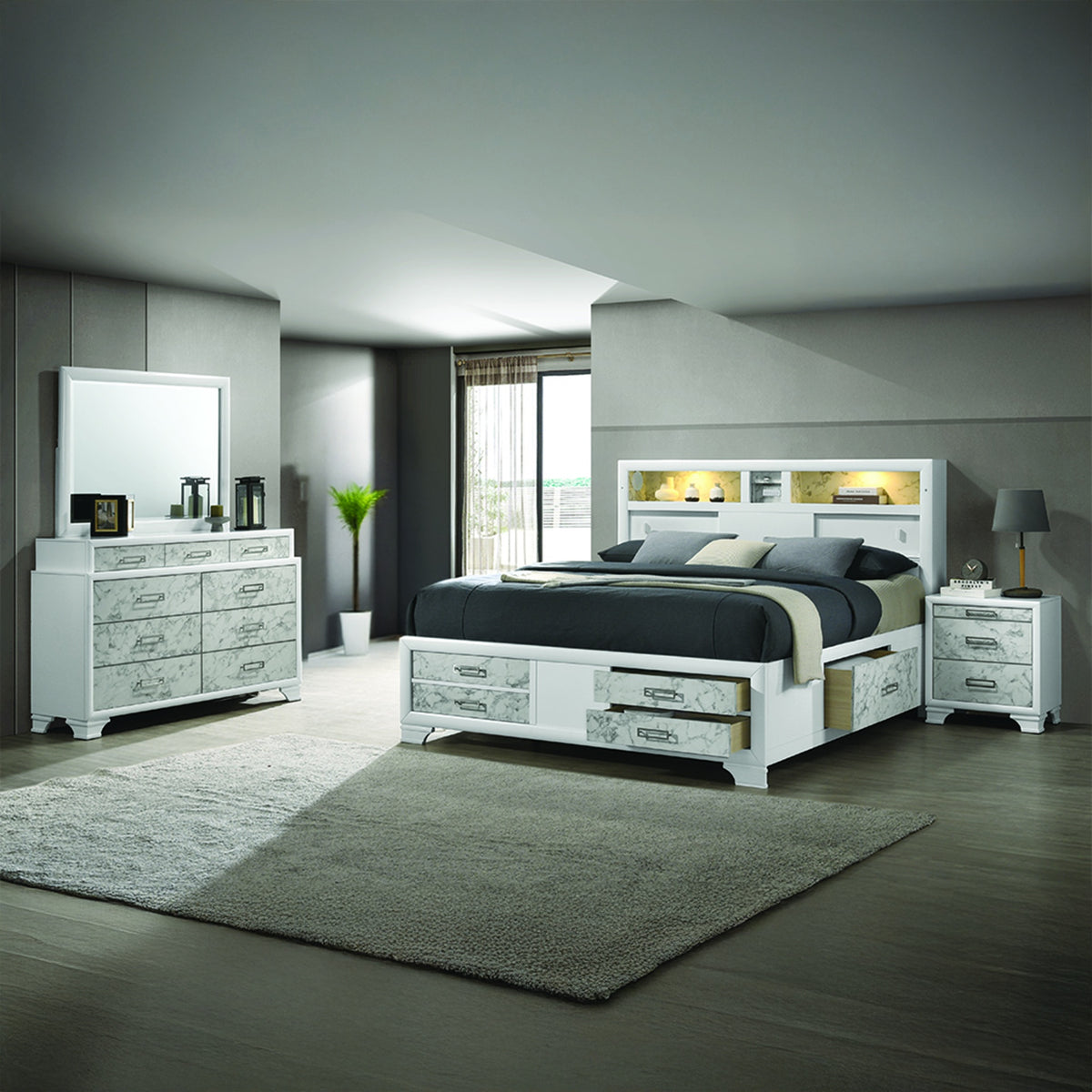 Soul Modern style full 4PC bedroom set made with wood and Drawers in white