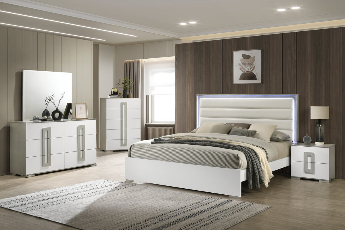 Olivia Contemporary Style 5 Pc King Bedroom Set with LED Headboard Made with Wood in White (NJ Inventory)
