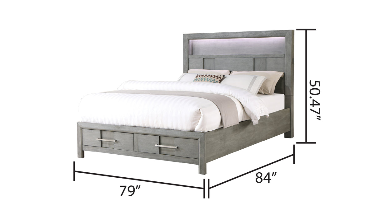 KENZO Modern Style King 4PC Storage Bedroom Set Made with Wood, LED Headboard, Bluetooth Speakers & USB Ports - Grey(NJ INVENTORY)