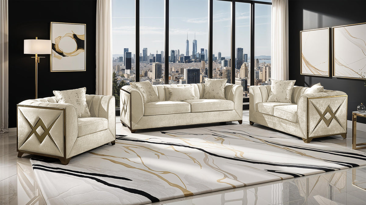 Velencia upholstery, bold gold "X" inlay accents, and elegant tufting 3Pc Modern Living Room Set  in Cream (NJ INVENTORY)