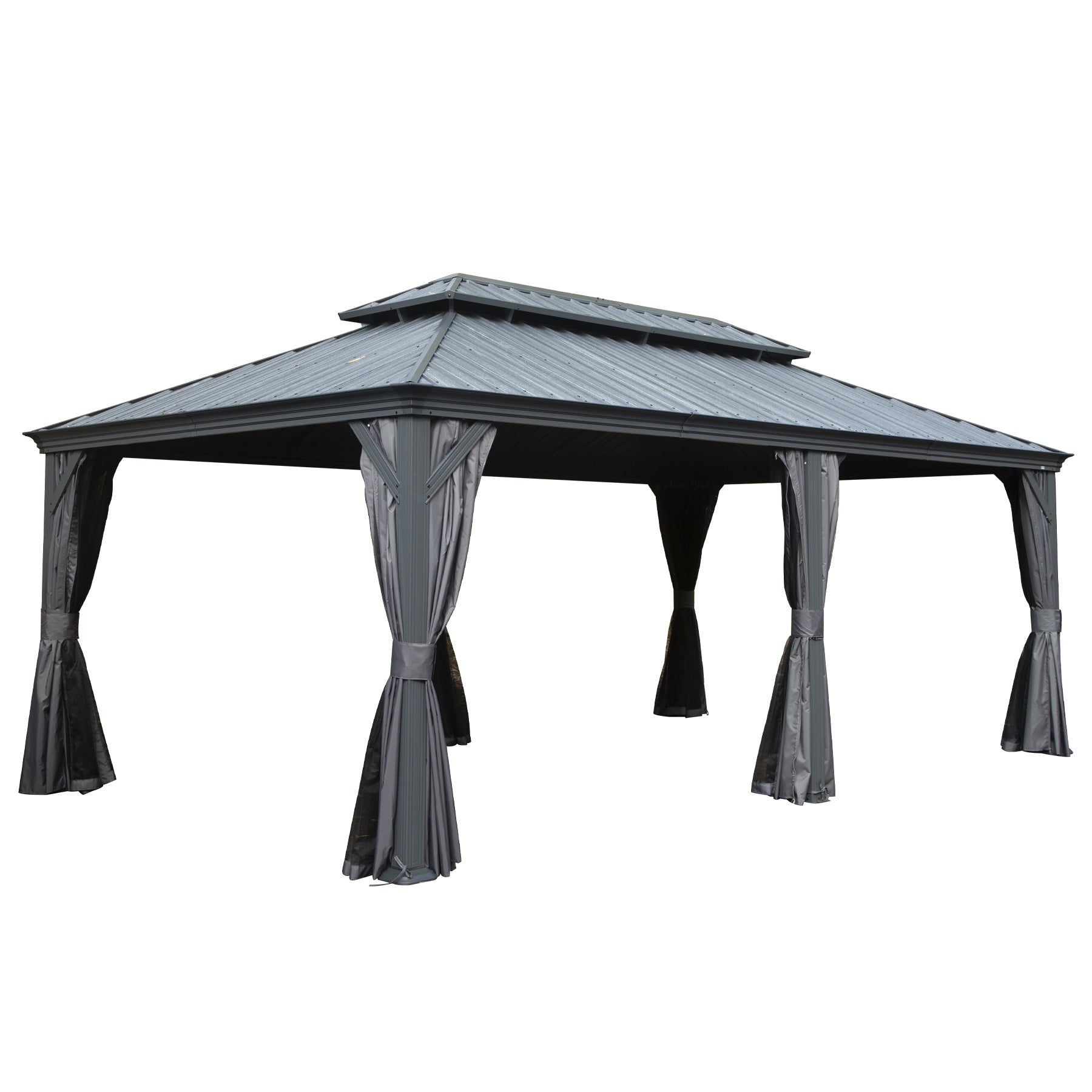12' X 18' Hardtop Gazebo, Upgraded Metal Gazebo with Drainage System, Dual-Layer Galvanized Steel Roof, Curtain and Netting, Outdoor Shelter Canopy for Patio, Garden, and Backyard, Grey