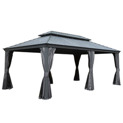 12' X 18' Hardtop Gazebo, Upgraded Metal Gazebo with Drainage System, Dual-Layer Galvanized Steel Roof, Curtain and Netting, Outdoor Shelter Canopy for Patio, Garden, and Backyard, Grey