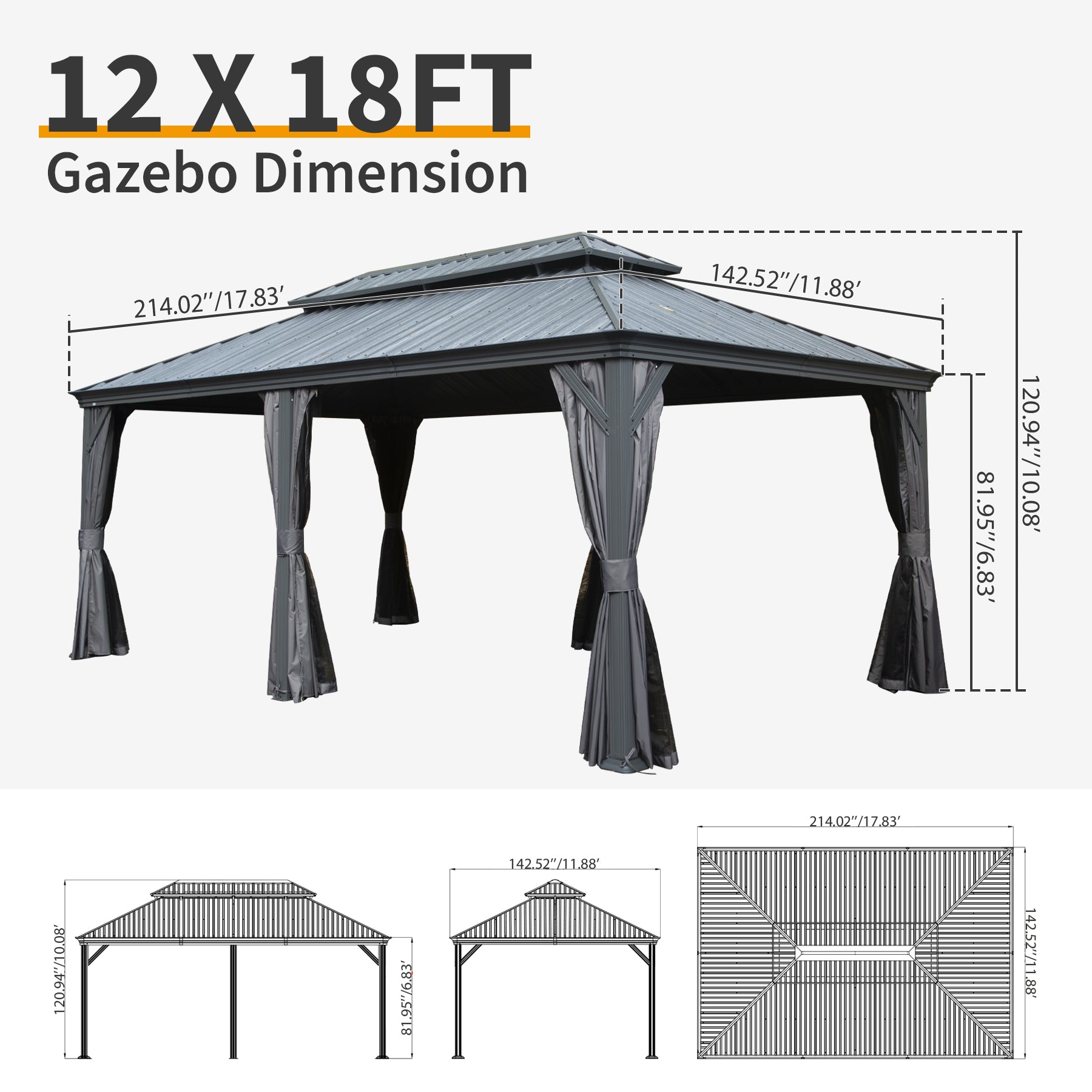 12' X 18' Hardtop Gazebo, Upgraded Metal Gazebo with Drainage System, Dual-Layer Galvanized Steel Roof, Curtain and Netting, Outdoor Shelter Canopy for Patio, Garden, and Backyard, Grey