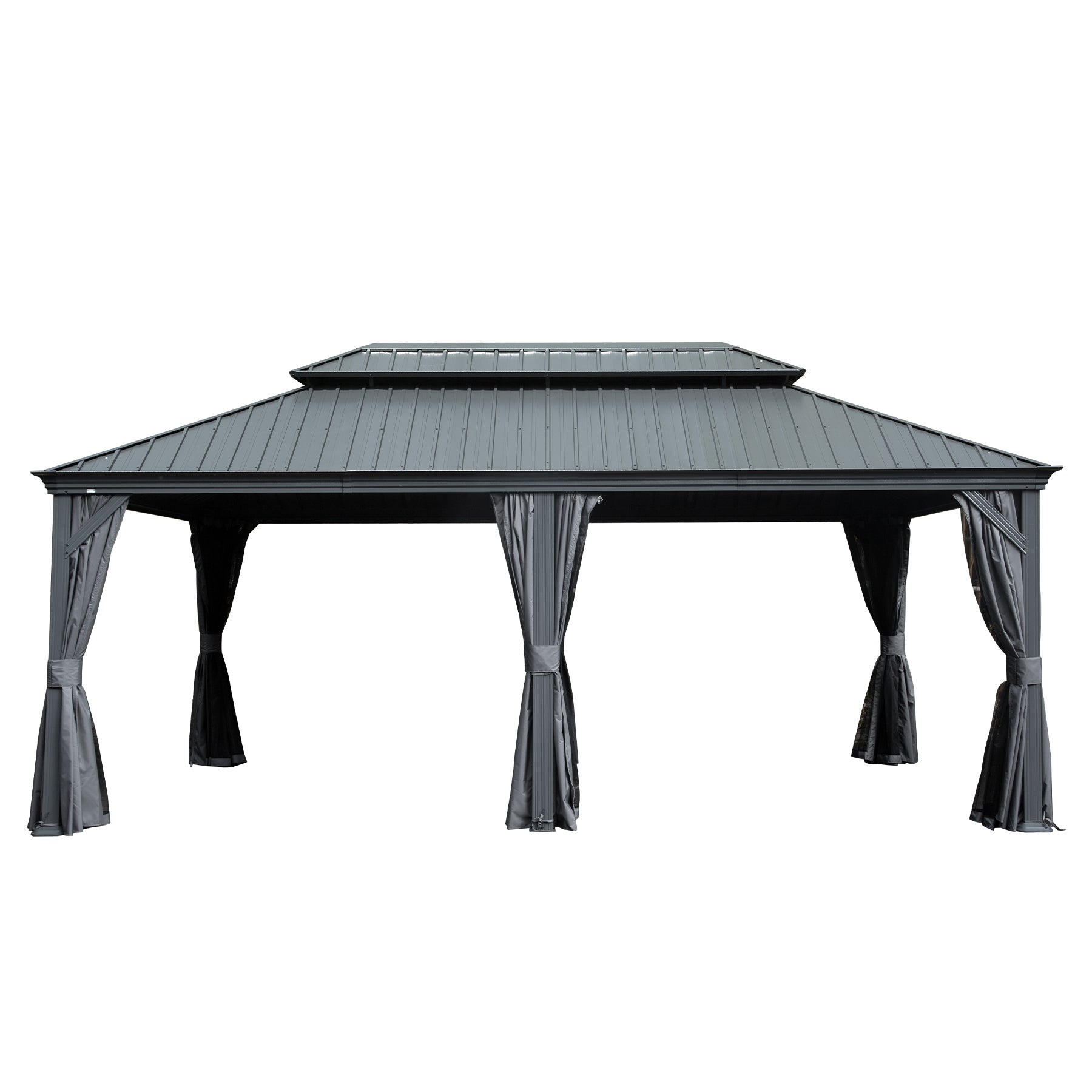 12' X 18' Hardtop Gazebo, Upgraded Metal Gazebo with Drainage System, Dual-Layer Galvanized Steel Roof, Curtain and Netting, Outdoor Shelter Canopy for Patio, Garden, and Backyard, Grey