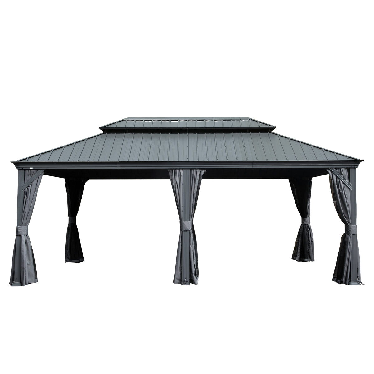 12' X 18' Hardtop Gazebo, Upgraded Metal Gazebo with Drainage System, Dual-Layer Galvanized Steel Roof, Curtain and Netting, Outdoor Shelter Canopy for Patio, Garden, and Backyard, Grey