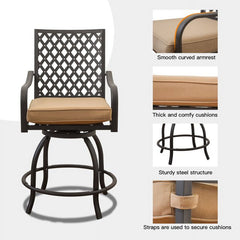 Outdoor Living 3 Pieces Patio Bar Set with Swivels Bar Stools and Top Table, Outdoor Bistro Set for Garden Balcony Backyard Deck, High Bar Chairs with Seat Cushion,Khaki