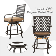 Outdoor Living 3 Pieces Patio Bar Set with Swivels Bar Stools and Top Table, Outdoor Bistro Set for Garden Balcony Backyard Deck, High Bar Chairs with Seat Cushion,Khaki