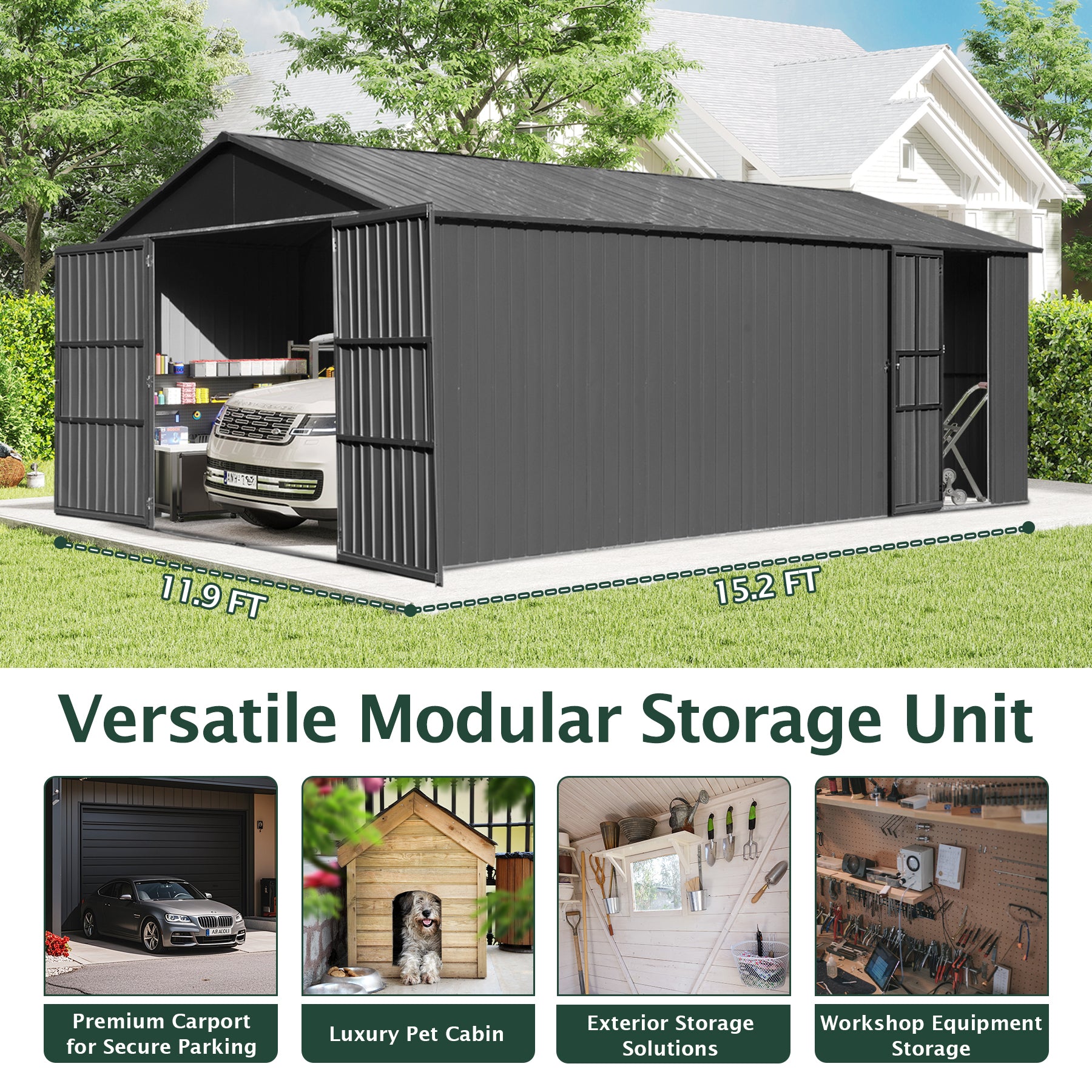 12x15FT Outdoor Metal Garage Shed, Extra Large Metal Carport with Lockable Double Hinged Doors, Heavy Duty Car Shelter for Car, Truck, Motorcycle and Lawn Equipment, Dark Grey
