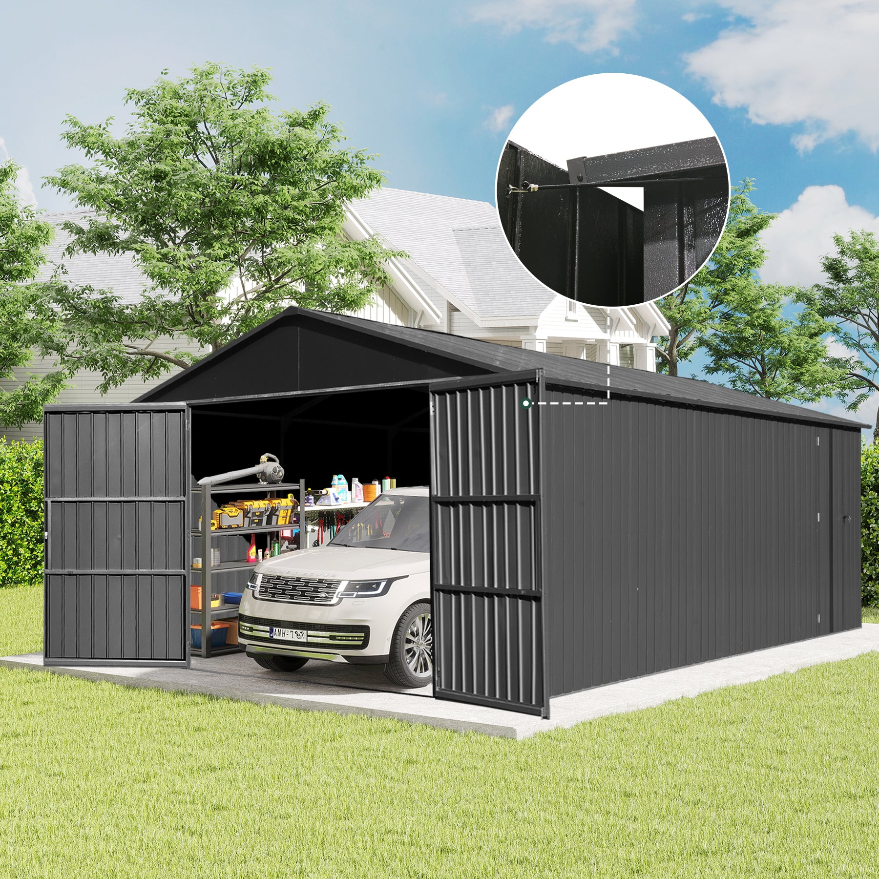 12x15FT Outdoor Metal Garage Shed, Extra Large Metal Carport with Lockable Double Hinged Doors, Heavy Duty Car Shelter for Car, Truck, Motorcycle and Lawn Equipment, Dark Grey