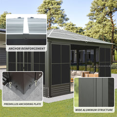 12x14FT Outdoor Sunroom, Galvanized Steel Hardtop Enclose Gazebo Sloping Roof, All Weather Aluminum Solarium Screen House for Patio Deck Backyard with Lockable Door, Moveable PC Screen