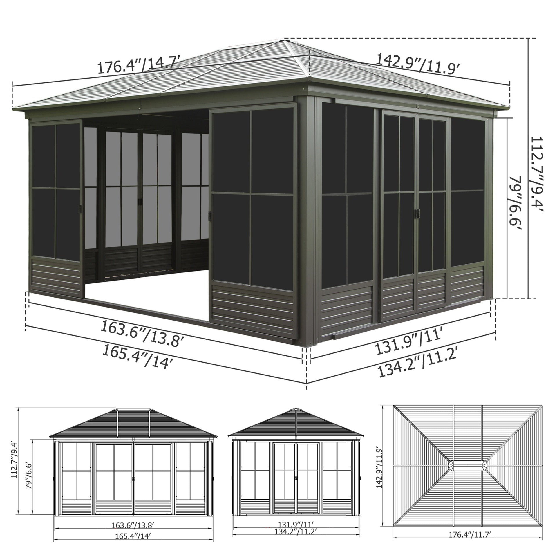 12x14FT Outdoor Sunroom, Galvanized Steel Hardtop Enclose Gazebo Sloping Roof, All Weather Aluminum Solarium Screen House for Patio Deck Backyard with Lockable Door, Moveable PC Screen