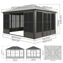 12x14FT Outdoor Sunroom, Galvanized Steel Hardtop Enclose Gazebo Sloping Roof, All Weather Aluminum Solarium Screen House for Patio Deck Backyard with Lockable Door, Moveable PC Screen