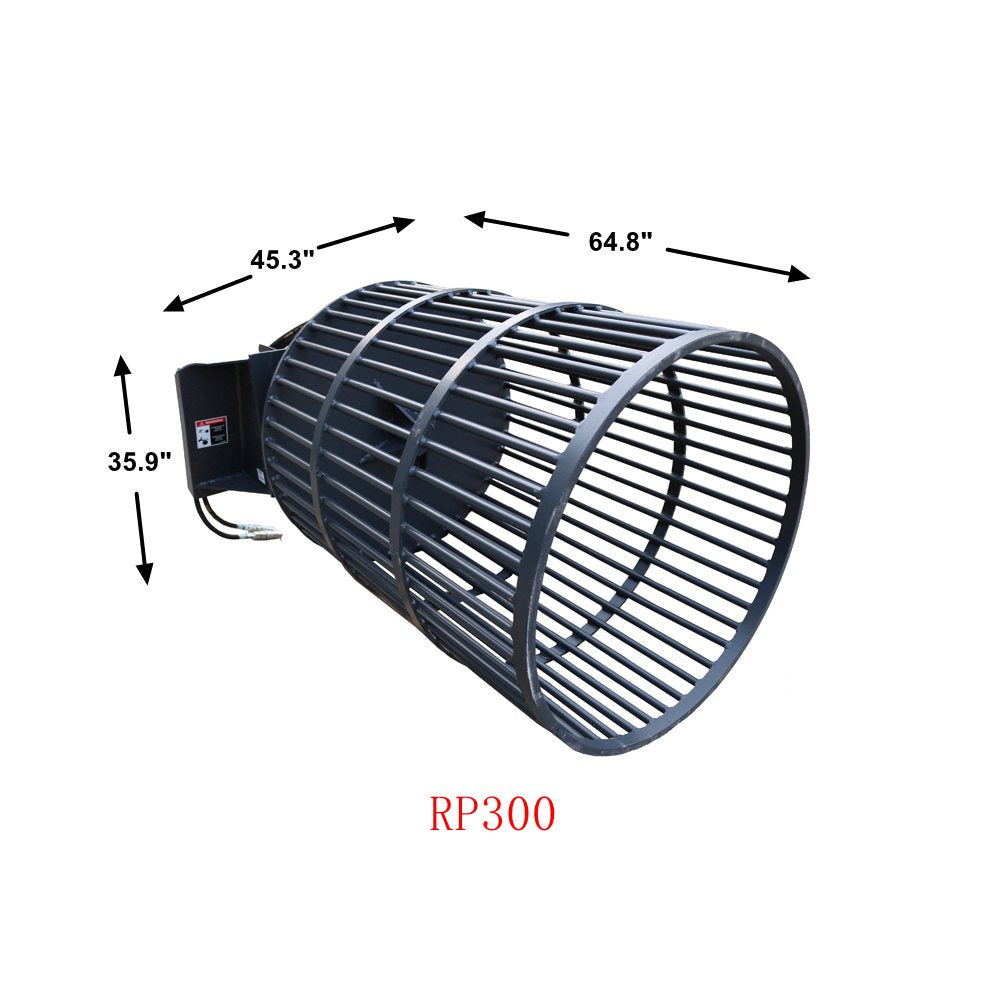 Skid Steer Rotary Rock Picker Attachment 36" Diameter Drum Model, 64" Barrel Depth, Universal Mount