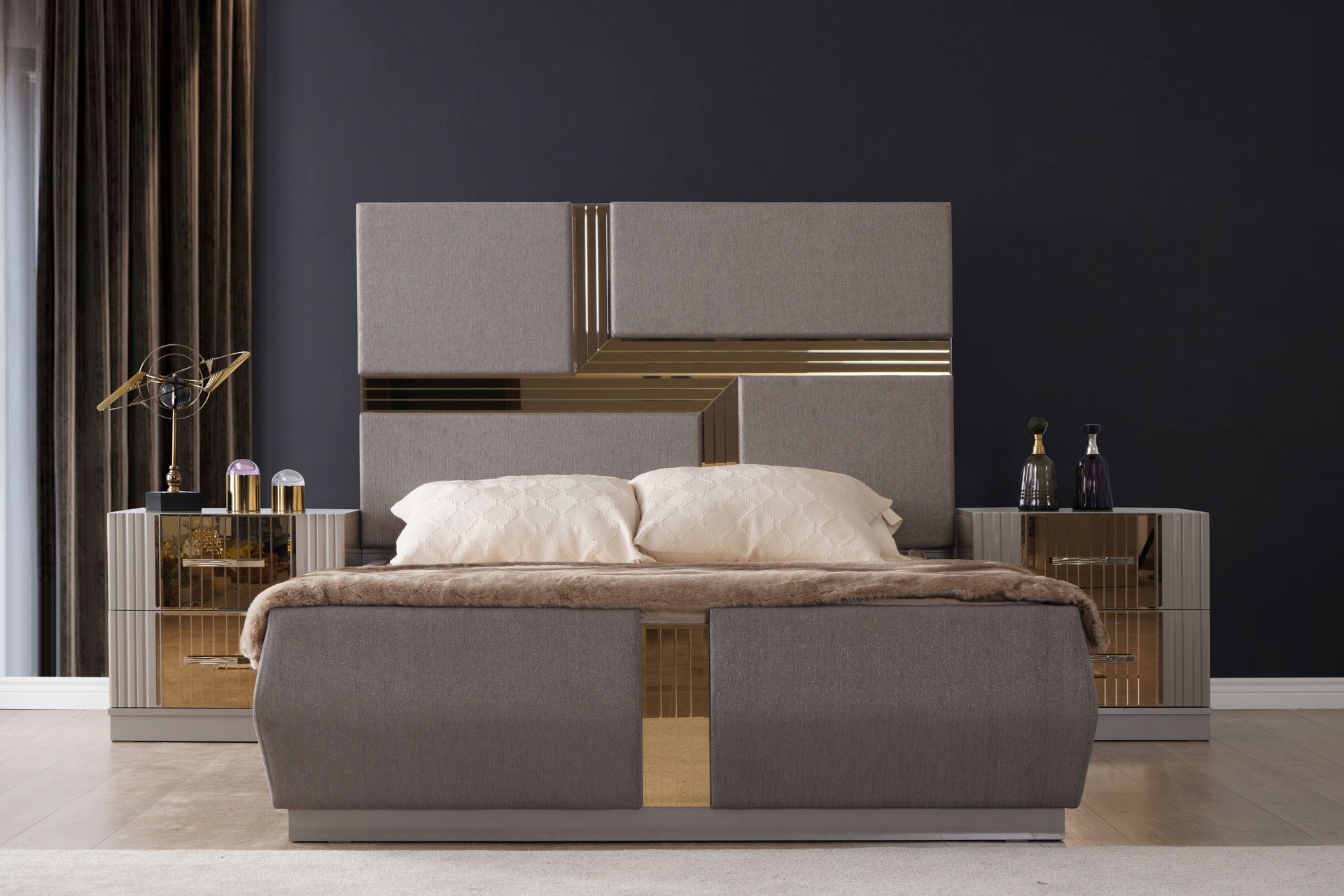 Lorenzo Gold Detailed Tufted Upholstery King Bed made with Wood in Gray (NJ Inventory)