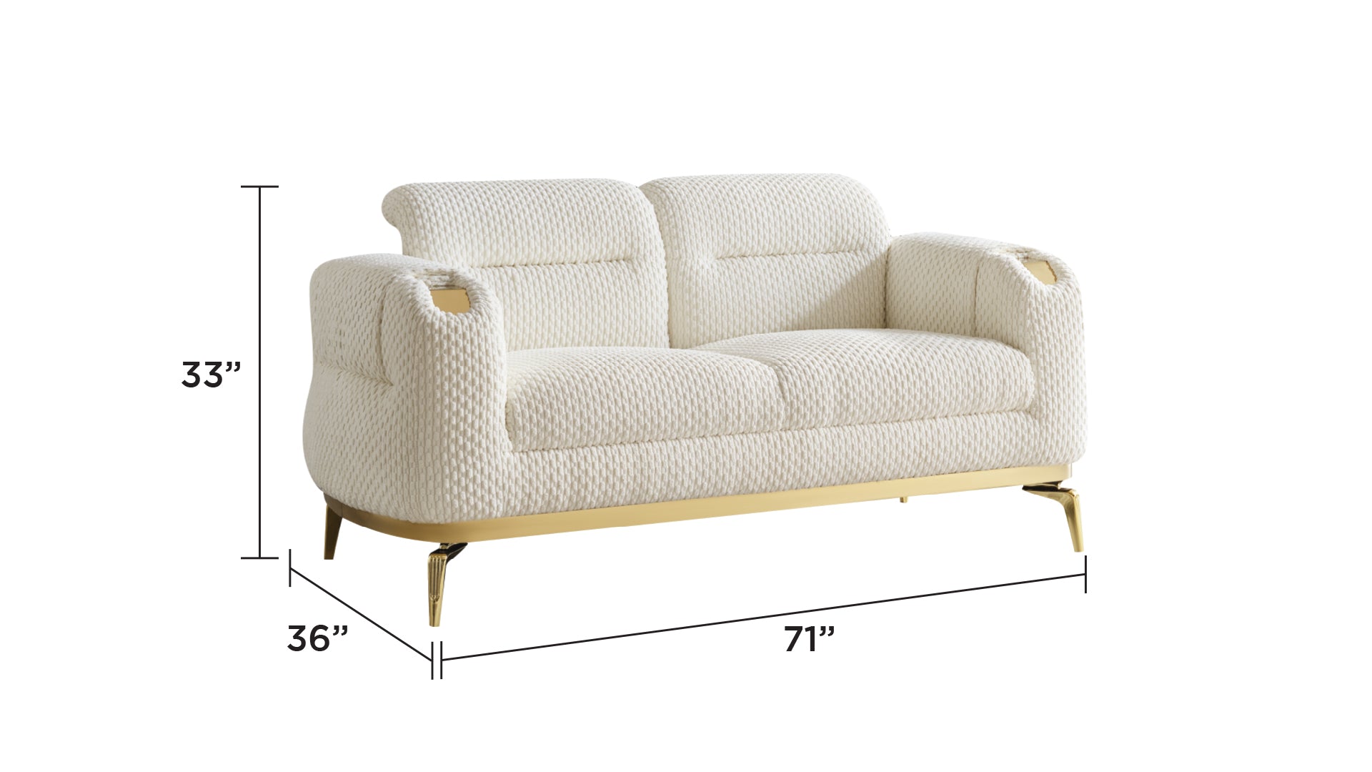 Zoe Modern style 3PC Living room set (Sofa + Loveseat + Chair) made with wood and Gold accents in Cream (CA Warehouse Inventory)