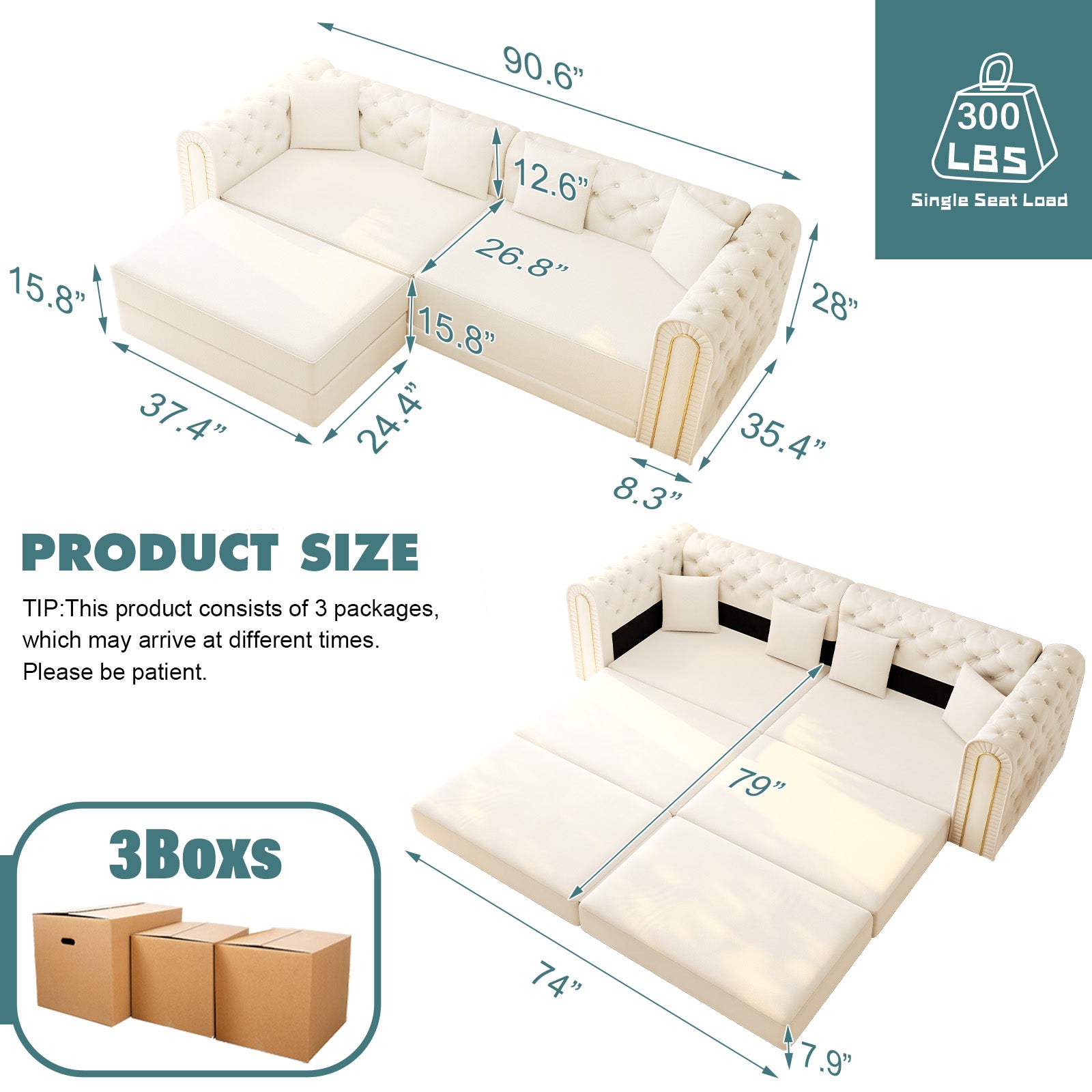 90.6" 3-in-1 Convertible Sleeper Sofa,Elegant Modern Couch with Button Tufted and Gold Edge Trim,3-Seater Couch with Movable Ottoman for Living Room,Apartment,Office,Bedroom,Beige/White