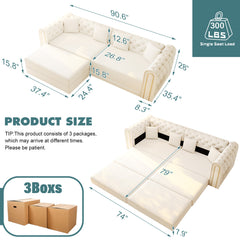 90.6" 3-in-1 Convertible Sleeper Sofa,Elegant Modern Couch with Button Tufted and Gold Edge Trim,3-Seater Couch with Movable Ottoman for Living Room,Apartment,Office,Bedroom,Beige/White