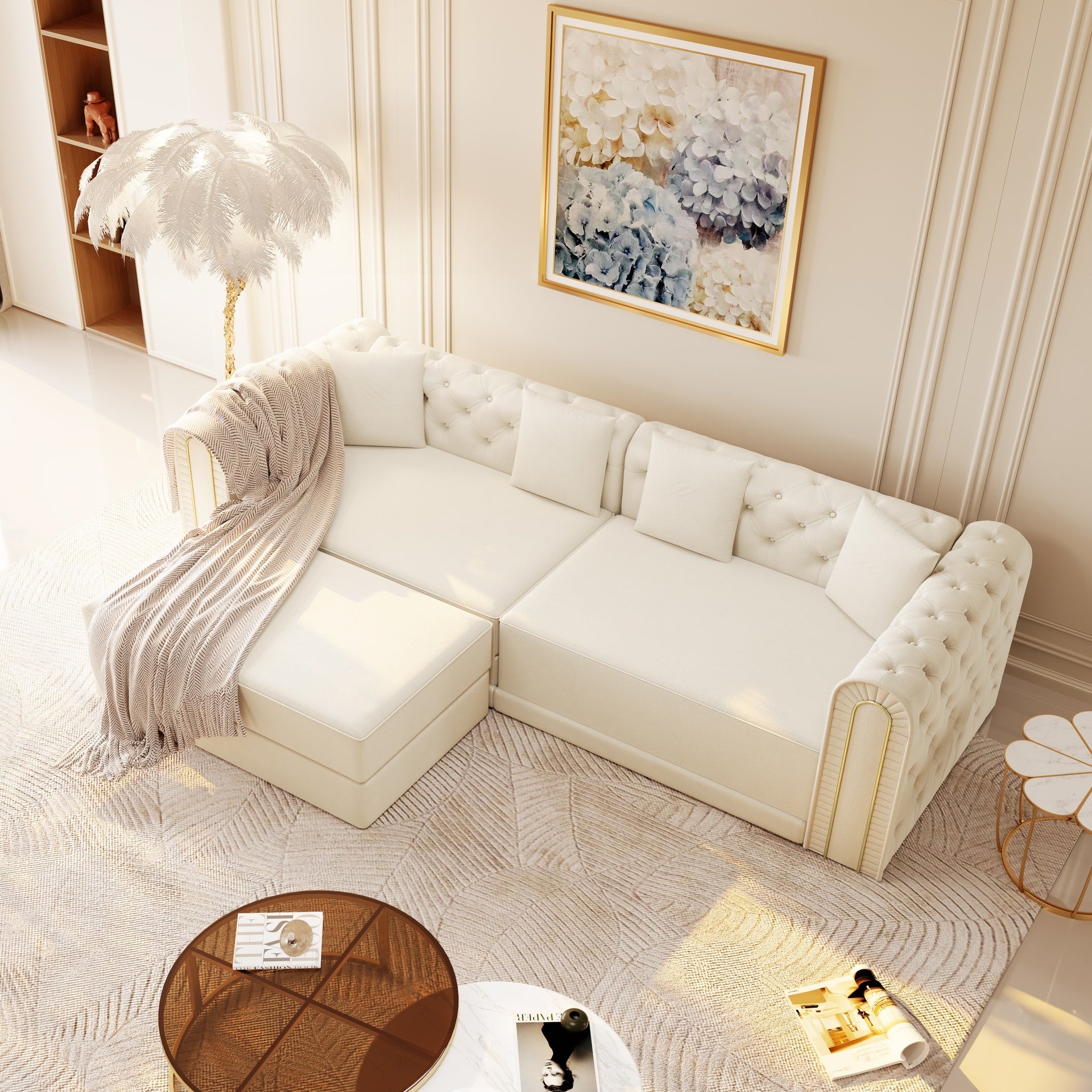 90.6" 3-in-1 Convertible Sleeper Sofa,Elegant Modern Couch with Button Tufted and Gold Edge Trim,3-Seater Couch with Movable Ottoman for Living Room,Apartment,Office,Bedroom,Beige/White