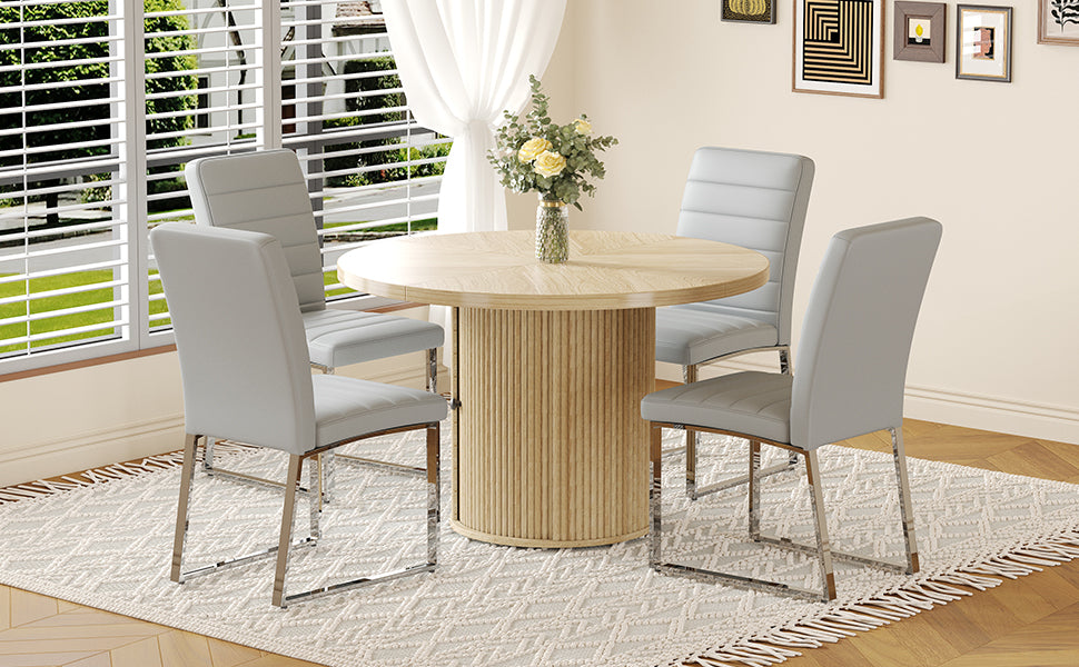 4piece PU Padded Dining Chair Set with 47.2 in Round Roman Column Table, Storage Included, Suitable for Restaurants/Wooden color