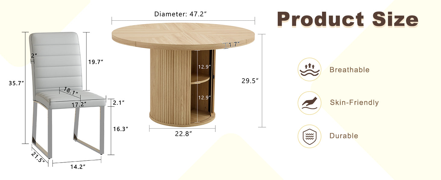 4piece PU Padded Dining Chair Set with 47.2 in Round Roman Column Table, Storage Included, Suitable for Restaurants/Wooden color