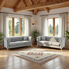 FX-P83-2PC SOFA -LG4  Luxury 2-Piece Sofa Set, Includes Two 3-Seater Upholstered Couches with Removable Cushions & Gold Legs  Elegant Mid-Century Sofas for Spacious Living Rooms and Large Families