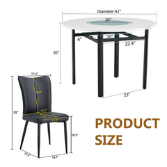 Table and chair set.42 inch modern minimalist white desktop round dining table set.Paired with 4 Black PU chairs with a vertical stripe design on the backrest and black metal legs.