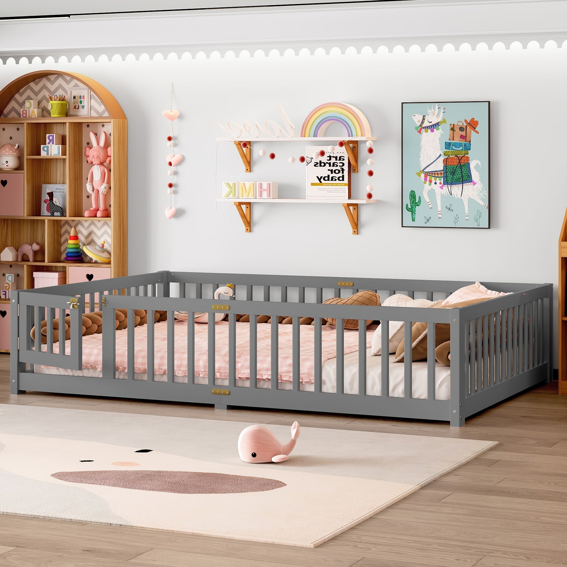Queen Size Bed Floor Bed with Safety Guardrails and Door for Kids, Gray