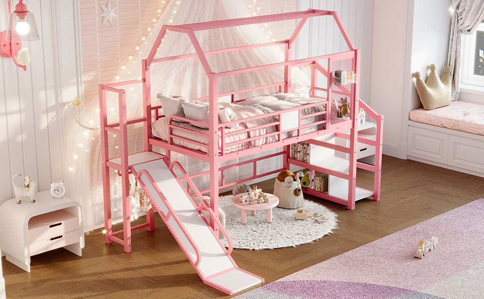 Twin House Loft bed with Slide and Stairs, Metal Playhouse Bed with Storage Shelves, House-shaped Roof and Noise-free Design, Pink