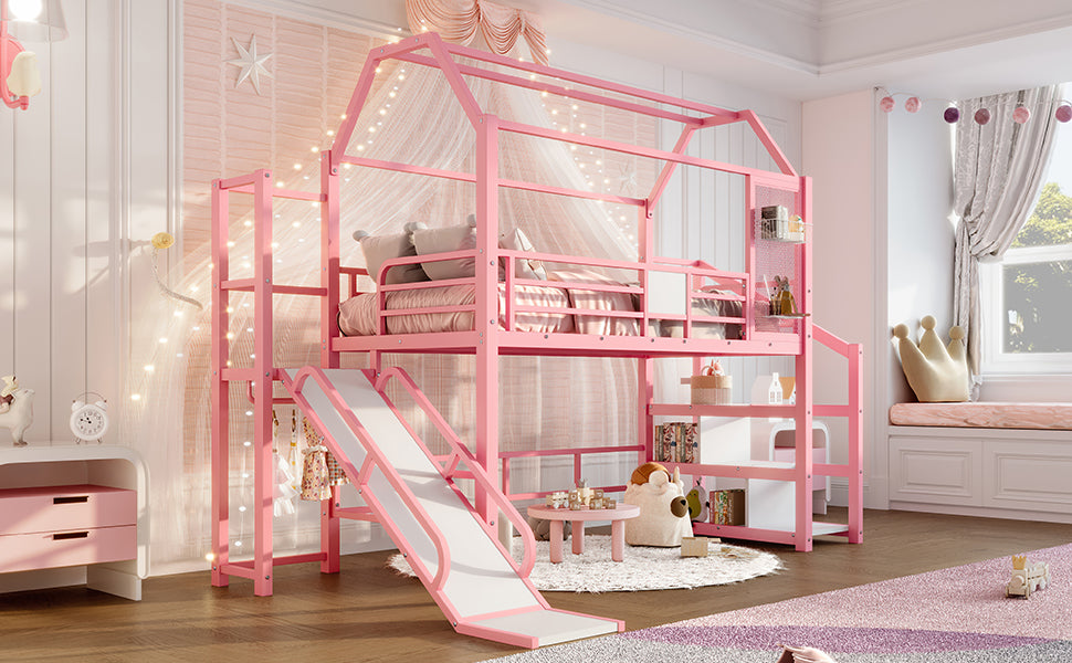 Twin House Loft bed with Slide and Stairs, Metal Playhouse Bed with Storage Shelves, House-shaped Roof and Noise-free Design, Pink