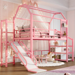 Twin House Loft bed with Slide and Stairs, Metal Playhouse Bed with Storage Shelves, House-shaped Roof and Noise-free Design, Pink