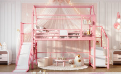 Twin House Loft bed with Slide and Stairs, Metal Playhouse Bed with Storage Shelves, House-shaped Roof and Noise-free Design, Pink
